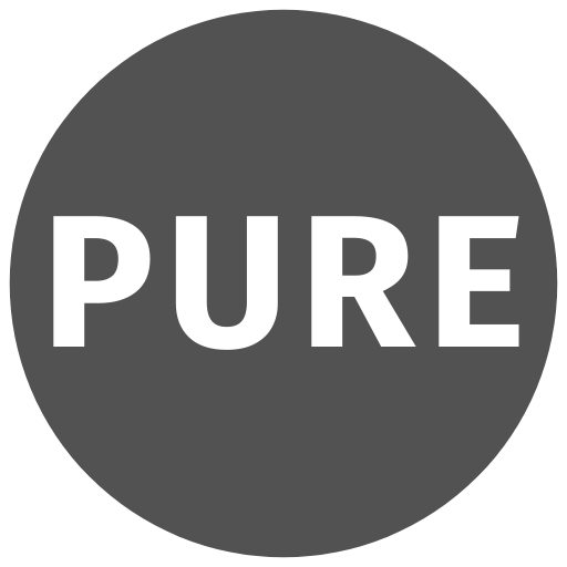 A dark grey circle with the word Pure in the centre