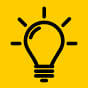 A black lightbulb icon on a yellow square.